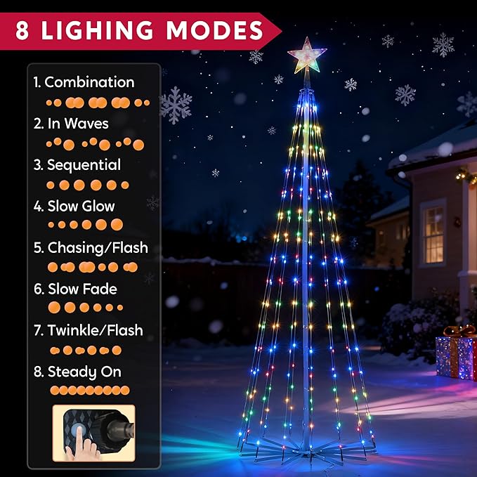 JOIEDOMI LED Christmas Cone Tree Lights, 6FT Outdoor Lighted Tree with 8 Lighting Modes & Star Topper, Christmas Decorations for Yard Porch Patio Garden Holiday Decor, Warm White