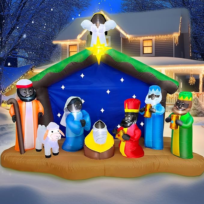 8 Ft Long 5.5 Ft Tall Christmas Inflatables African American Black Nativity Scene Set Outdoor Decorations with Angel, Built-in LED Light Blow Up Black Jesus Manger Set Xmas Inflatable Decor Yard Lawn