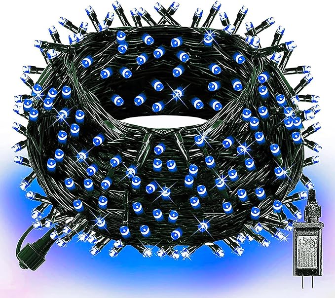 Dazzle Bright 300 LED Christmas String Lights, 100 FT Connectable Waterproof String Lights Green Wire with 8 Modes, Xmas Vintage Decorations for Indoor Outdoor Party Yard Garden Decor (Blue)