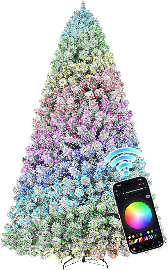 HOLLO STAR 9 ft Flocked Prelit Christmas Tree with 753 LED Lights, App Control, Artificial Christmas Tree, Multi-Color RGBW Lights, 2100 Branch Tips, Snow Xmas Tree, for Home, Party