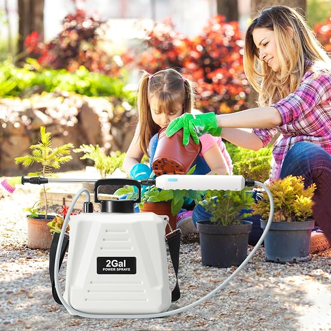 Battery Powered Sprayer 2 Gallon, Powerful Electric Garden Sprayer with 3 Mist Nozzles, USB Rechargeable Handle, Retractable Wand and Adjustable Shoulder Strap for Irrigation, Weeding (White)