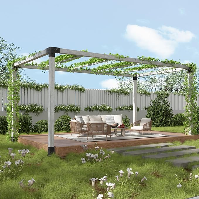 10' x 13' Wood Pergola Outdoor, Wooden Pergola Grape with Stable Structure for Climbing Plant Support, Painted Wood Frame for Garden Porch Beach with Expansion Screws Included, Grey
