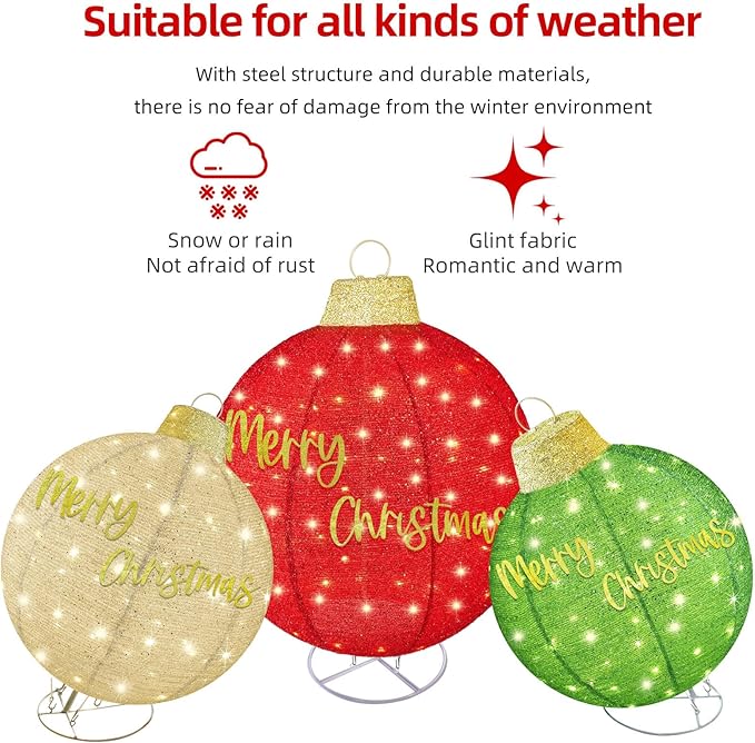 HOYECHI 3pc Lighted Pop-Up Outdoor Christmas Ornament Set – Holiday Ball Decorations with 290 LED Lights, 8 Lighting Modes, for Yard & Outdoor Christmas Decor - Red/Green/Gold