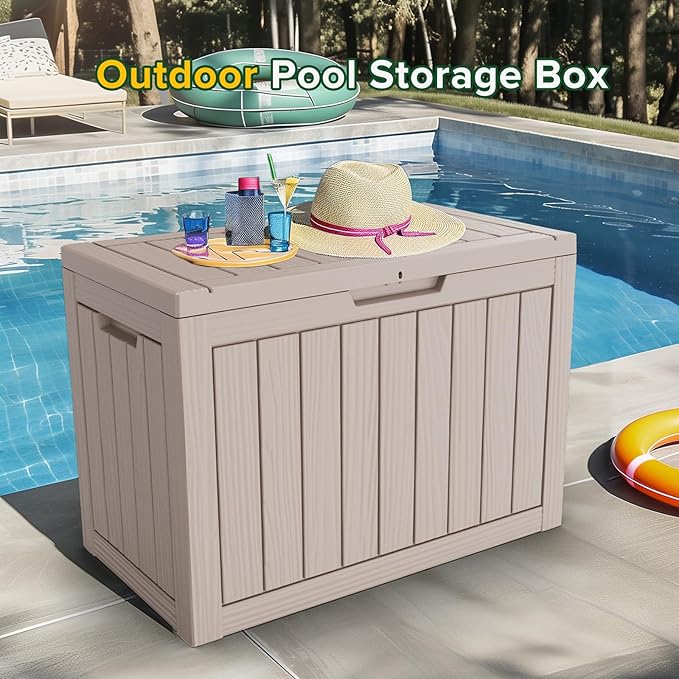 45 Gallon Waterproof Large Resin Deck Box Indoor/Outdoor Lockable Storage Container and Seating for Garden, Pool, and Patio (45 Gallon, Grey)