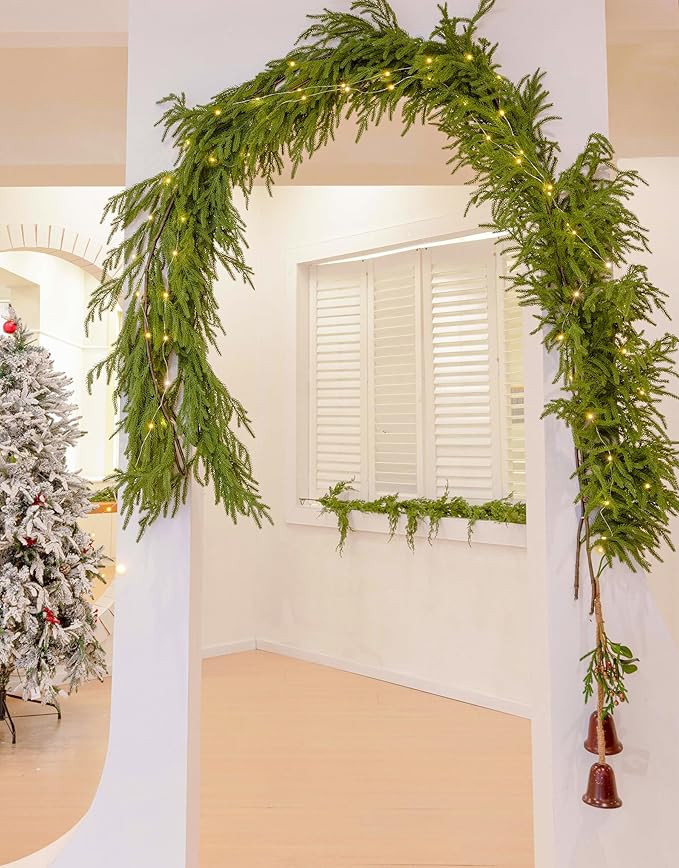 MISSPIN 6ft Christmas Garland with LED Lights, Real Touch Norfolk Pine Garland, Green Artificial Greenery Garland for Table, Mantle, String Light, Wall, Indoor, Outdoor Christmas Decorations