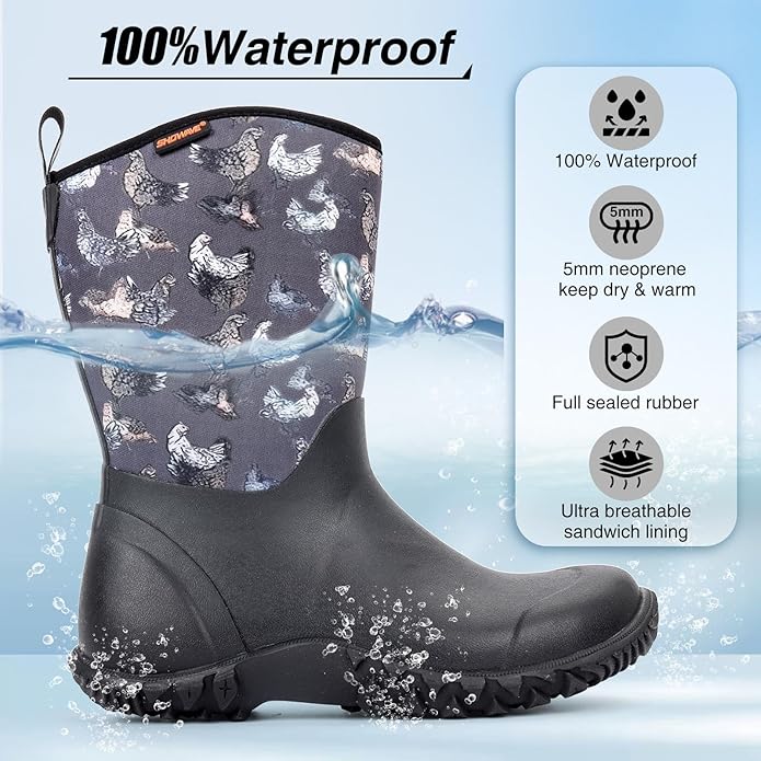 Showave Women’s Garden Boots Rubber Rain Boots For Women Waterproof Mud Boot Gardening Yard Boot For Farming Working Outdoor