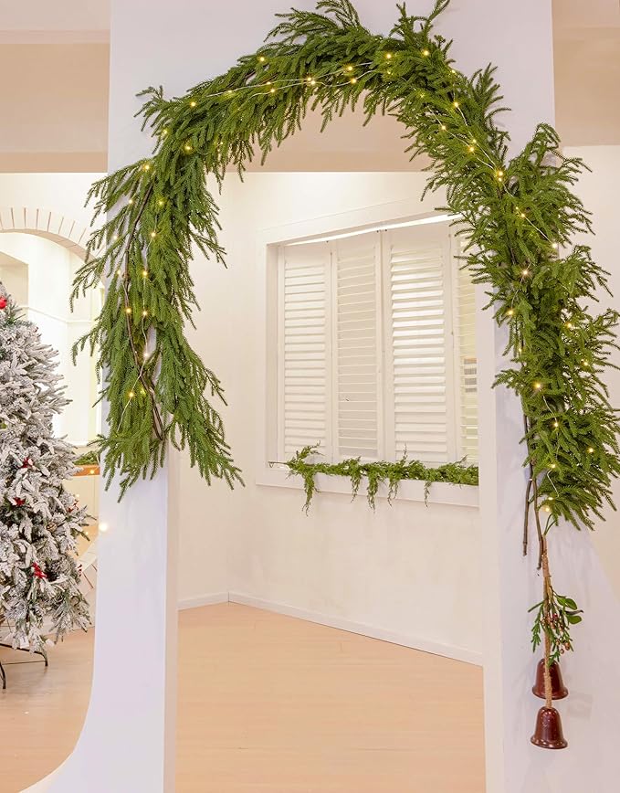 MISSPIN 9ft Christmas Garland with LED Lights, Real Touch Norfolk Pine Garland, Green Artificial Greenery Garland for Table, Mantle, String Light, Wall, Indoor, Outdoor Christmas Decorations