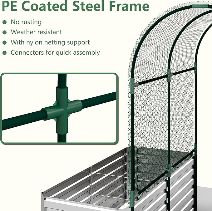 Raised Garden Bed with Arch Trellis for Climbing Plants,Galvanized Raised Garden Bed, Planter Boxes Outdoor for Vegetables Flowers Herb,269 Gallon Capacity Silver