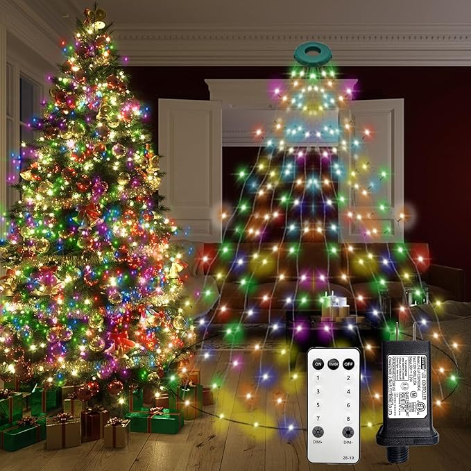 VIL Christmas Tree Lights with Ring,9.9Ft 16 Line 544 LED Green Wire Fairy Waterfall String Lights Plug in,Icicle Twinkle Lights with 8 Lighting Modes for Indoor Outdoor Xmas Tree(Multicolor)