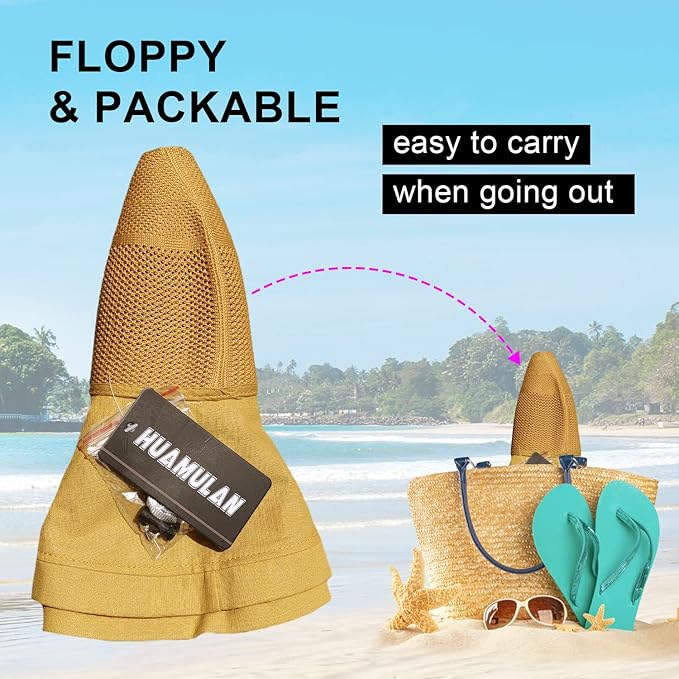 Women Wide Brim Sun Hats Metal Wired Edge Summer UV Protection Beach Fishing Hat for Hiking Garden Travel Chin Strap