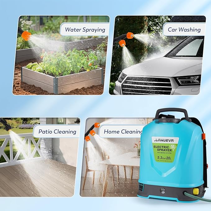 LANUEVA 5.28 Gal/20L Battery Powered Sprayer with Mixing System, 78-101 PSI Adjustable Electric Backpack Sprayer with Six Mist Nozzles&Telescopic Wand, Weed Sprayer for Lawn Garden Home Cleaning