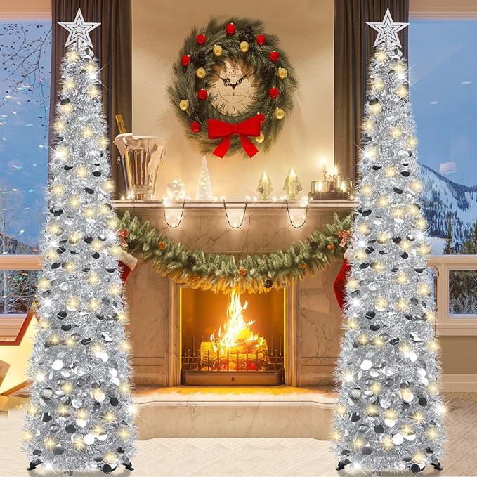 HMASYO 6 FT Pop Up Christmas Tree with 100 LED Lights & Remote, Silver Christmas Tinsel Tree, Collapsible Artificial Pencil Tree for Home Office Party Decor, USB Powered Timer Lights, Easy Assembly