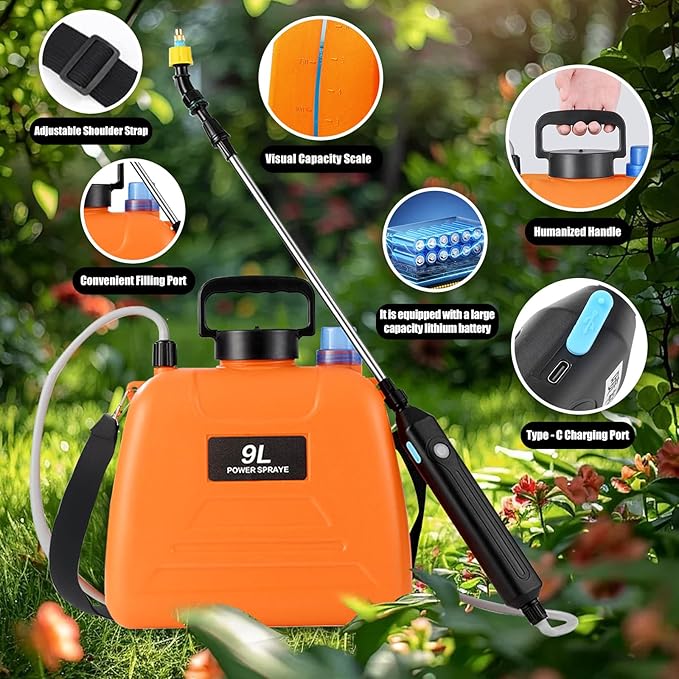 Battery Powered Sprayer 2.4 Gallon, 2025 Upgraded Electric Garden Sprayer, Automatic Power Weed Spray Battery Operated with Adjustable Shoulder Strap and Rechargeable Handle, 3 Mist Nozzles (Orange)