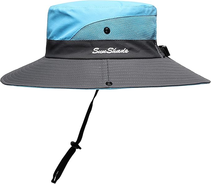 Womens Summer Sun Hat Beach Hat Wide Brim Outdoor UV Protection Hat Foldable Cool Mesh Ponytail Bucket Hat