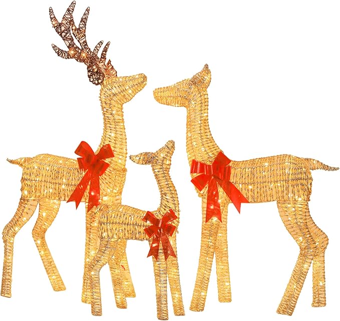 Hykolity 4.5 FT 3D Lighted Outdoor Christmas Deer Family Set, 3- Piece Christmas Reindeers with 230 Warm White LED Lights, Yard Decoration with Stakes, Zip Ties, Gold