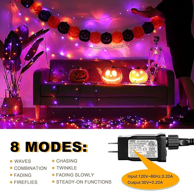 kemooie 300 LED Orange&Purple Halloween Lights, 99FT Connectable 8 Lighting Modes with Memory Function Plug in, Waterproof for Outdoor Indoor Halloween Garden Roof Decorations (Purple and Orange)