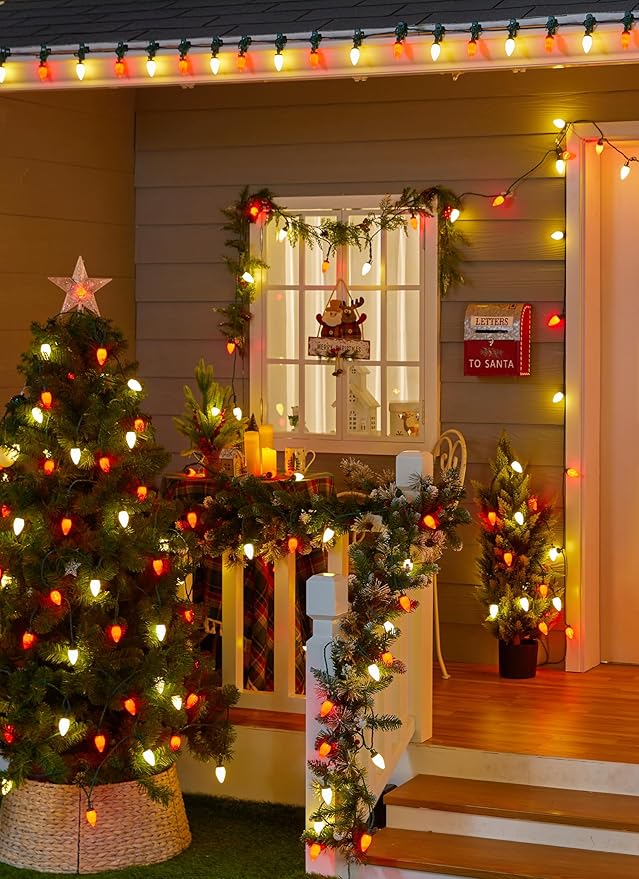 C9 Christmas Lights Outdoor Waterproof, 81 Feet 100 LED String With Timer & 8 Light Mode, Connectable Christmas Tree for Indoor Outside Roofline Patio Decorations, Red & Warm White