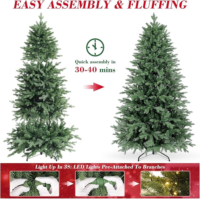 6ft Christmas Tree Prelit w/ 2085 PE & PVC Mixed 'Feel Real' Branch Tips, 400 Warm LED Lights, Hinged Spruce Artificial Xmas Tree with Metal Stand & Storage Bag for Home, Office, Party Décor