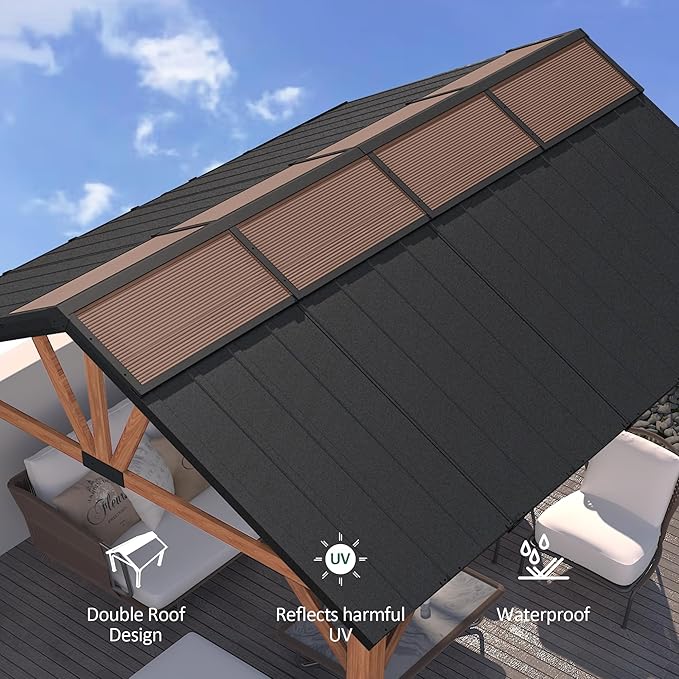 Macrout 13'x15' Hardtop Gazebo with Gabel Roof Canopy and Aluminium Frame, Outdoor Grill Gazebo Pergola for Patio, Backyard and Party, 4967 (Gable Roof + Brown Frame, 13'x15')