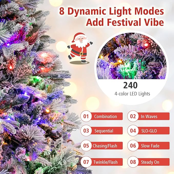 HAPPYGRILL 6 FT Pre-lit Artificial Christmas Tree, Snow-Flocked Xmas Tree with 240 Multi-Color LED Lights, 8 Lighting Modes, 850 Branch Tips, Pine Needles, Hinged Tree for Home Office Party