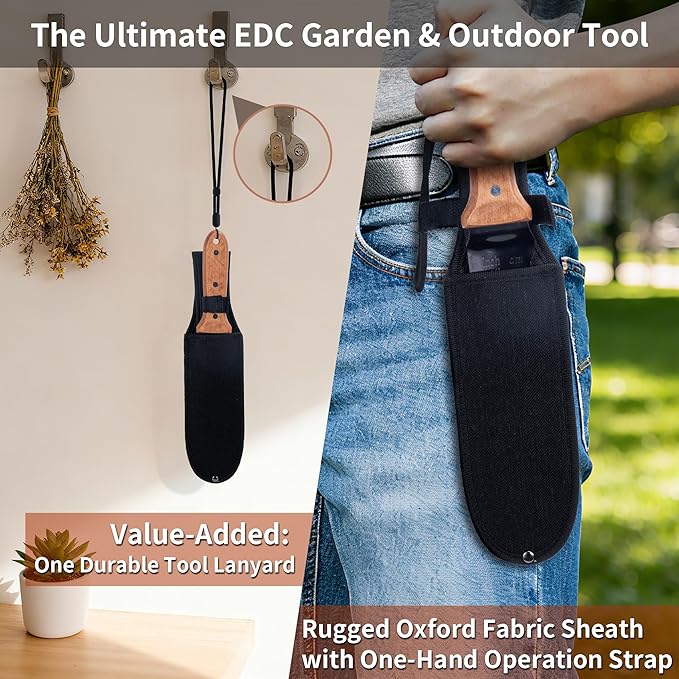 YANG Hori Hori Garden Knife, 7" Stainless Steel Gardening Knife with Oxford Cloth Sheath, Full Tang Beechwood Handle EDC Garden Tool for Dividing Plants & Weeding, Forked Tip for Transplanting