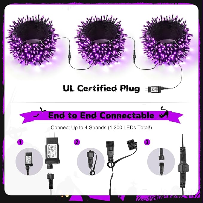 WBao Halloween Lights 300LED 108ft, Super Bright LED String Lights with UL Certified, 8 Lighting Modes, Timer, Connectable, Memory & Waterproof for Indoor Outdoor Halloween Decorations, Purple