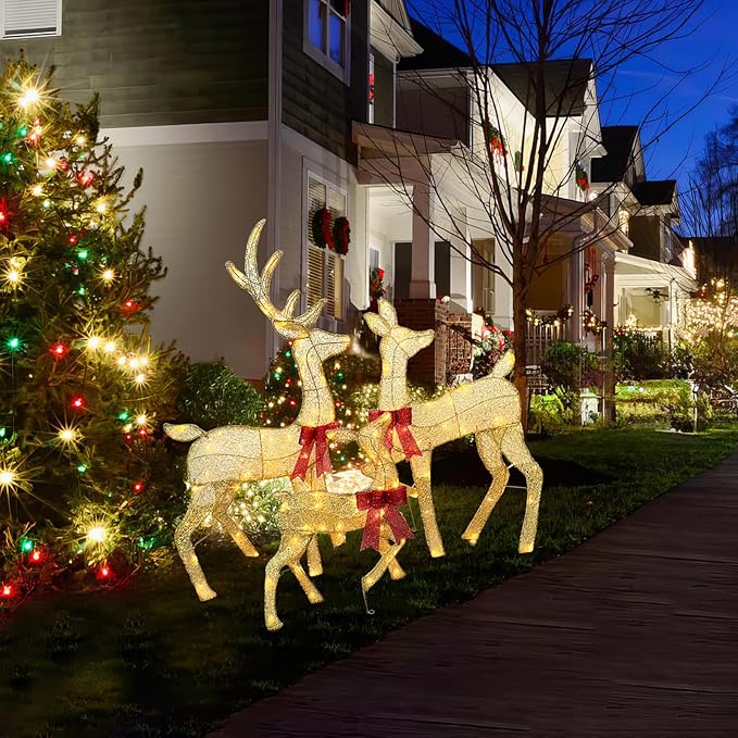 45" Light Up Outdoor 2D Christmas Reindeer Decor, Featuring Durable Metal Frame, Ground Stakes, Waterproof Snow-Resistant Design, Perfect for Vintage Christmas Home, Tree, and Garden Decoration, Gold
