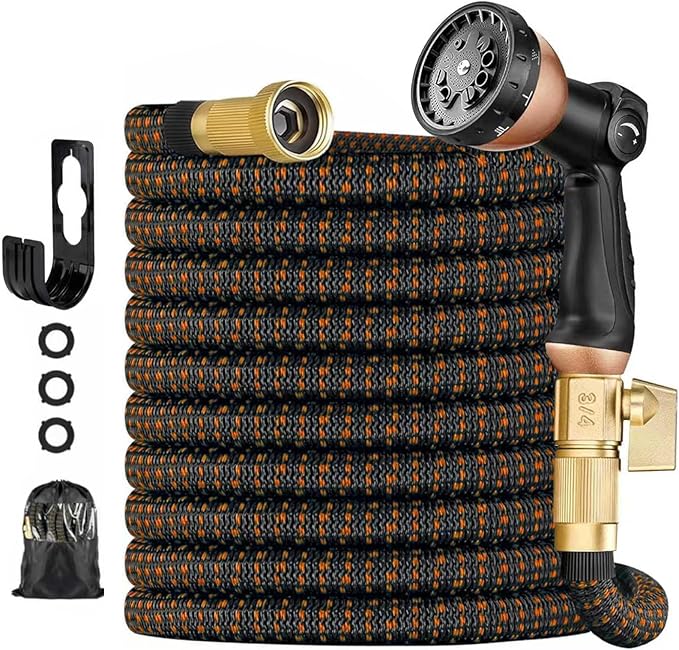 50 ft Expandable Garden Hose - Kink Free Flexible Water Hose with Thumb-Controlled 10-Function Nozzle, 3/4 Solid Brass Connectors, Retractable Latex Core - Lightweight Expanding Hose