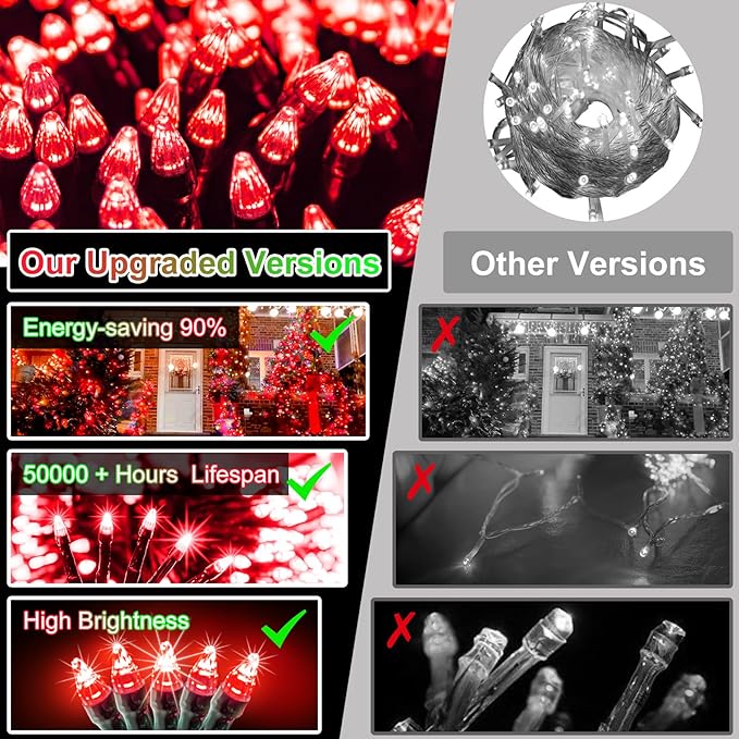 750 LED 256ft Outdoor Christmas Lights, Super Long String Lights 8 Modes Timer Memory, Outsite Waterproof Dark Green Wire Fairy Light Strings for Xmas Tree Wedding Holiday Party Decorations Red