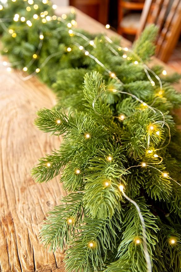 6FT Christmas Garland PARTY JOY Pine Garland with 9.8FT LED String Lights, Greenery Plant for Christmas Decorations Table Mantle Background Wall Room Outdoor Indoor Winter Decoration