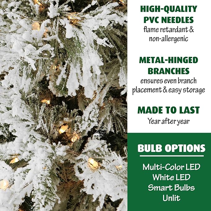 Fraser Hill Farm 6.5-Feet Pre-Lit Snow Flocked Snowy Pine Artificial Christmas Tree with Warm White LED String Lights, Full Silhouette, Realistic Foliage, Stand Included