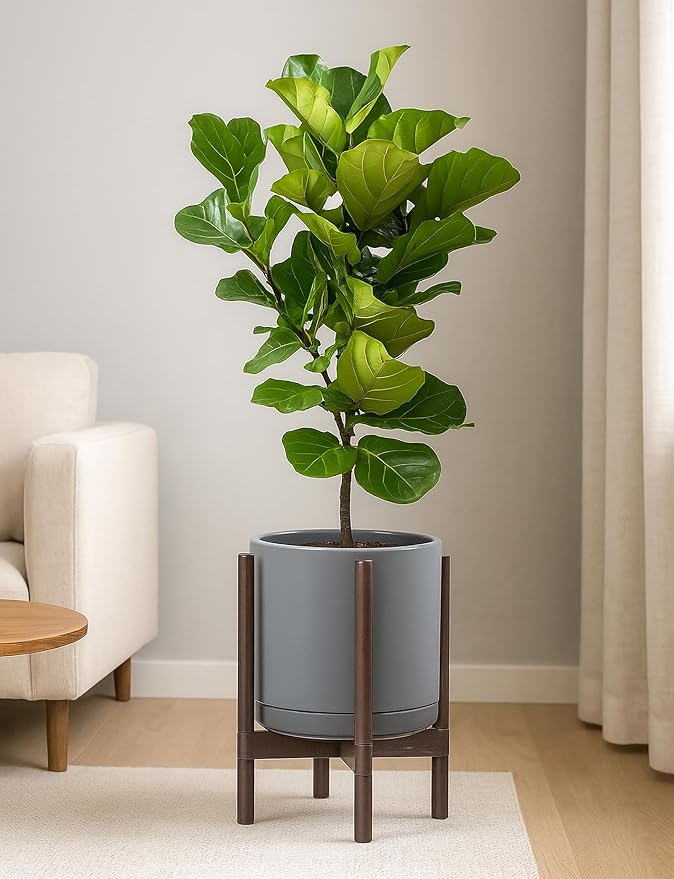 D'vine Dev Ceramic Planter with Walnut Color Stand - 12 Inch Modern Round Flower Pot with Wood Planter Holder, Grey, 55-B-W-3