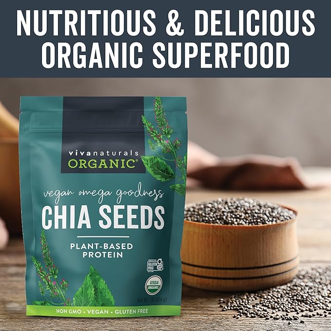 Viva Naturals Organic Chia Seeds, 1 lb (454 g) – Plant-Based Omega-3 and Vegan Protein, Gluten Free & Non-GMO, Perfect for Smoothies, Salads & Chia Pudding