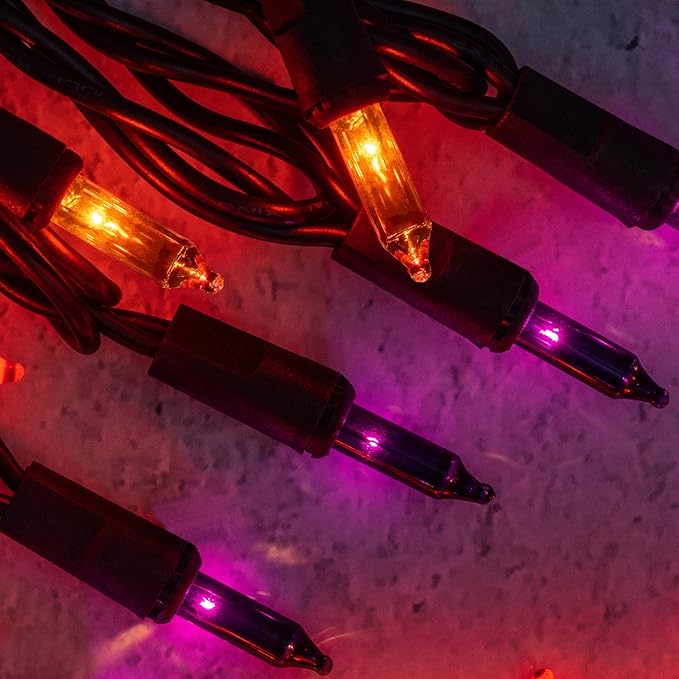 YULETIME 200 Orange & Purple Christmas Lights, Pack of 2 Strands of 21 ft 100 Count UL Certified Incandescent Mini String Light (Orange & Purple - Black Wire)