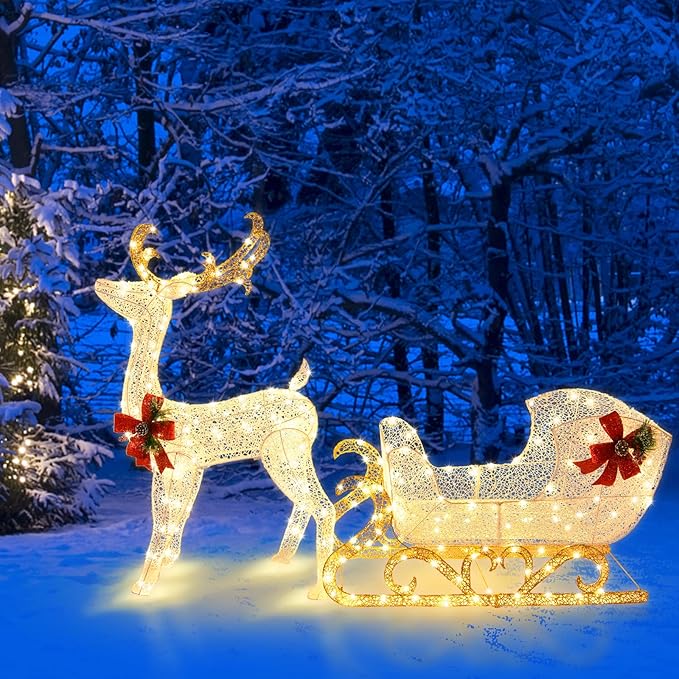 Tangkula 6 FT Christmas Lighted Reindeer & Santa’s Sleigh, Xmas Lighted Outdoor Yard Decoration W/ 215 LED Lights & 4 Ground Stakes, Artificial Christmas Décor for Indoor & Outdoor