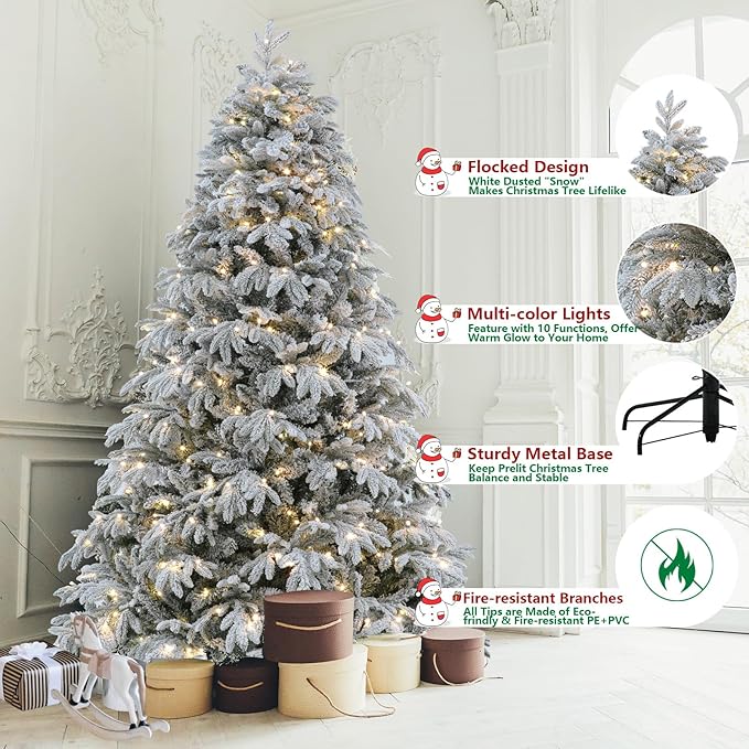 Flocked Spruce Artificial Christmas Tree - 7.5 ft Prelit with 10 Functions Colorful Lights & 2700 Realistic Tips, Firm Metal Stand & 400 Lights, Easy Assembly