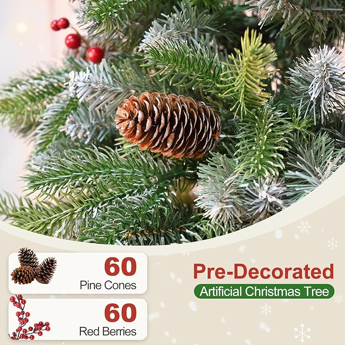 6 Ft Artificial Christmas Tree Pre-Decorated with Snow Flocked PVC&PE Tips, Pine Cones, Red Berries, Unlit Xmas Tree with Metal Stand for Hoilday Office Outdoor Christmas Decoration(Green White)