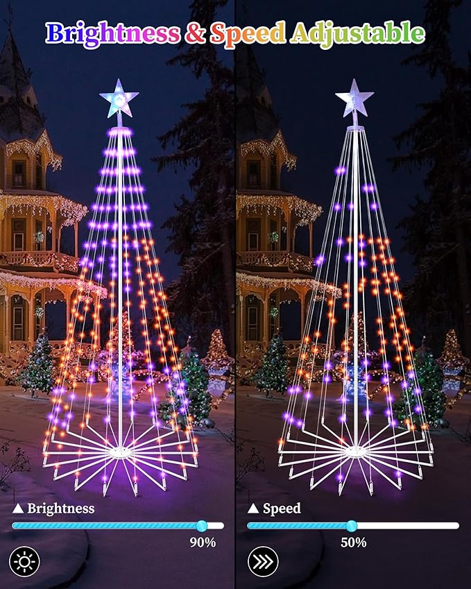 Brightever 9FT 460 LED Smart Cone Christmas Tree, Outdoor Prelit Christmas Tree with 16 Million DIY RGB LED Light Show, Remote APP Control Color Changing Music Sync for Xmas Outdoor Decorations