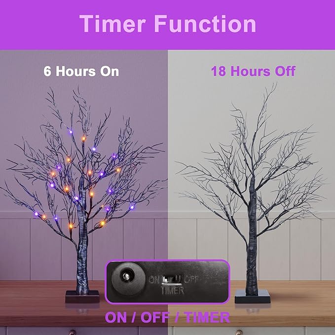 LIGHTSHARE 26IN Halloween Willow Bonsai 20LED Lights Artificial Black Spooky Tree for Home, Festival, Nativity, Party, and Christmas Decoration, Plug in or Battery (Orange+Purple)