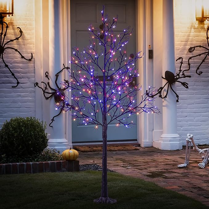 LIGHTSHARE 6FT Halloween Willow Tree 200 LED Lights Artificial Black Spooky Tree for Home, Festival, Nativity, Party, Indoor and Outdoor Use (Orange & Purple, 6FT)