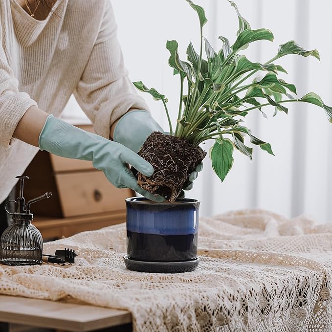 5.8 Inch Plant Pot: Ceramic Planter with Drainage Hole & Saucer for Indoor Outdoor Plants - Flowerpot with Bonded Tray for Home Office - Blue Reactive Glaze