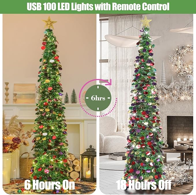 HMASYO 6 FT Pop Up Christmas Tree with 100 LED Lights & Remote, Green Christmas Tinsel Tree, Collapsible Artificial Pencil Tree for Home Office Party Decor, USB Powered Timer Lights, Easy Assembly