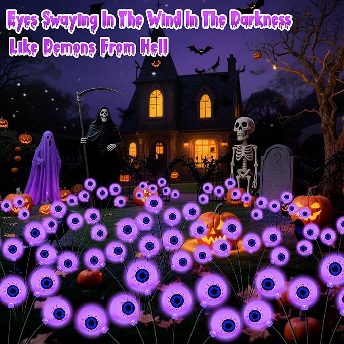 Kohlrabi Halloween Decorations Outdoor, 8 Pack 48 LED Solar Scary Eyeball Swaying Lights, Purple Solar Firefly Light Waterproof Outdoor Garden Lights for Halloween Yard Garden Lawn Party Flower Bed