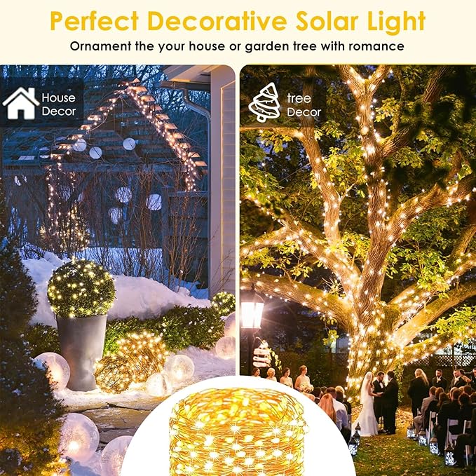 2-Pack Solar String Lights for Outside, Total 200LED Solar Christmas Fairy Lights Waterproof, Outdoor Twinkle Light Copper Wire 8 Modes Fairy Light for Xmas Tree Party Wedding Decor (Warm White)