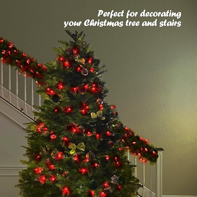 WBao C6 60 LED 20ft Battery Operated Christmas String Lights with 8 Modes, Timer, Waterproof Design for Indoor Outdoor Christmas Trees, Fence, Stairs Xmas Decorations, Red