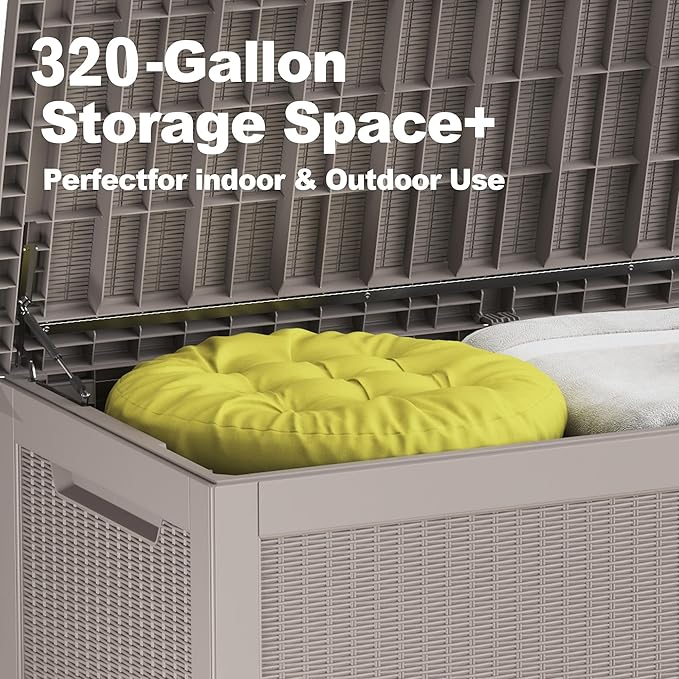 320 Gallon Deck Box, Resin Outdoor Indoor Waterproof Storage Box, Lockable Storage Box With Handle for Patio Furniture - Garden Tools (Brown, 320 Gallon)