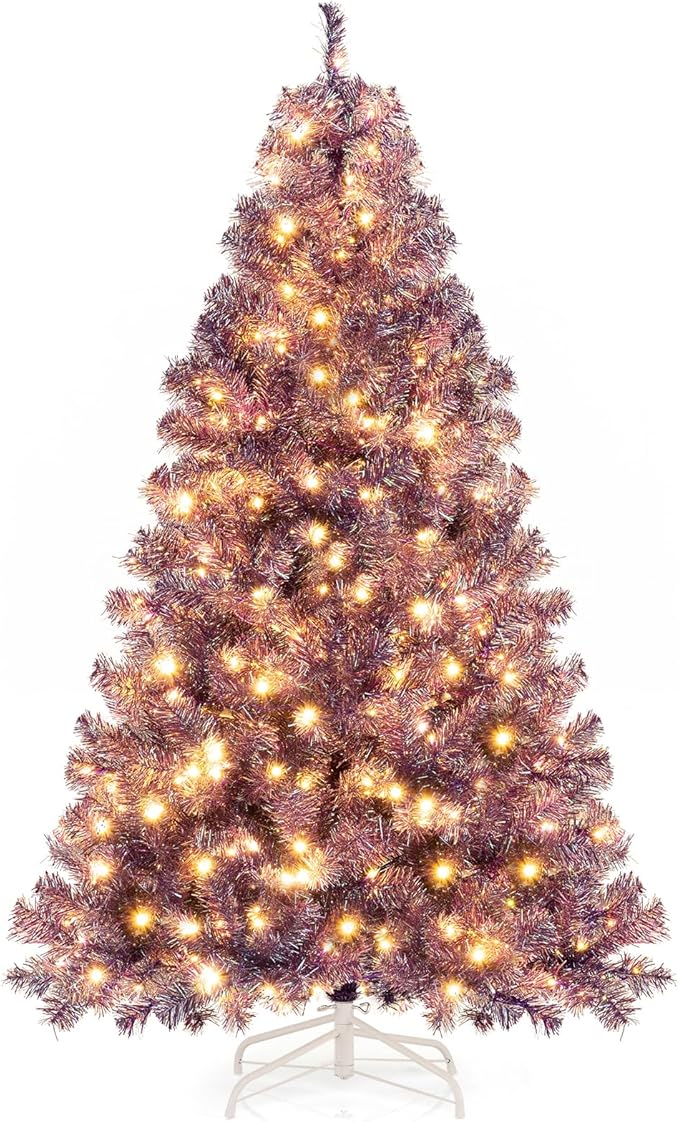 Goplus 6 FT Pre-Lit Tinsel Christmas Tree, Artificial Hinged Xmas Tree with 250 Warm White LED Lights, 8 Modes, 688 Lush Branch Tips, Metal Stand, Home Office Seasonal Holiday Decoration, Purple