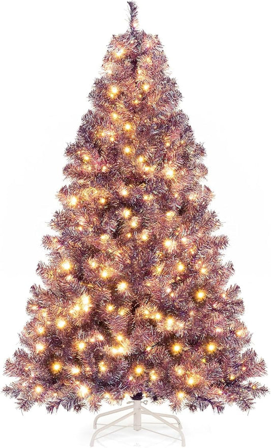 Goplus 6 FT Pre-Lit Tinsel Christmas Tree, Artificial Hinged Xmas Tree with 250 Warm White LED Lights, 8 Modes, 688 Lush Branch Tips, Metal Stand, Home Office Seasonal Holiday Decoration, Purple