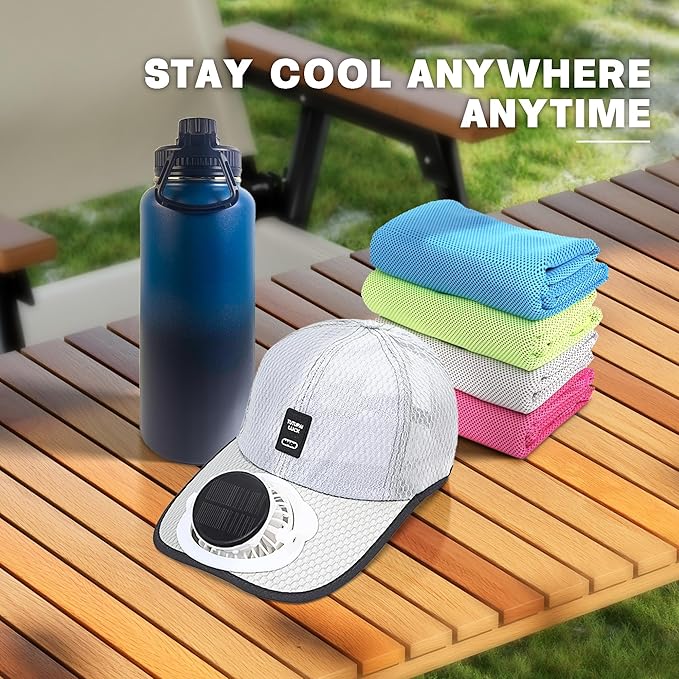 3-Piece Cooling Set, Include Solar Powered Fan Hat, Insulated Water Bottle, Instant Cooling Towels, Perfect for Hiking, Amusement Part, Sport Events, and Outdoor Working Gray