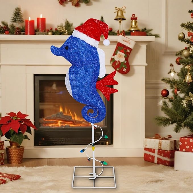 Prsildan Outdoor Christmas Decorations – 40 Inch Colorful LED Seahorse Yard Decor with Santa Hats, Lighted Holiday Lawn Stakes for Porch, Garden, Pathway, Seahorse Figures Xmas Decor (Blue)